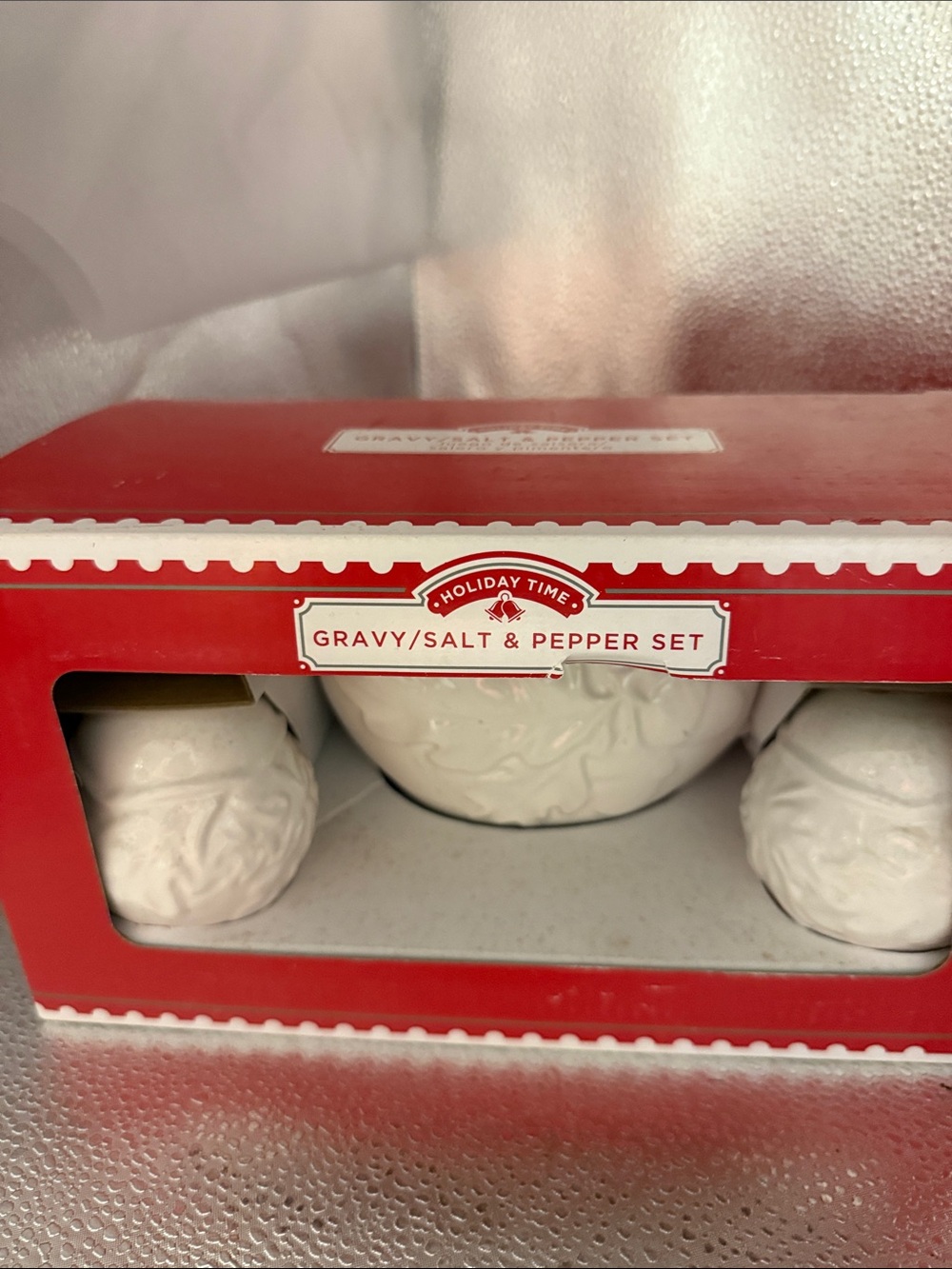 Holiday Time White Ceramic Gravy, Salt & Pepper Set NWT
